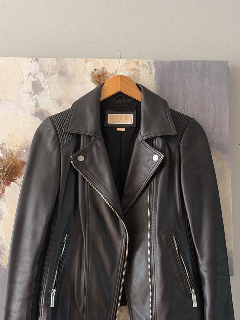 Michael Kors Black Leather Moto Jacket with Silver Hardware